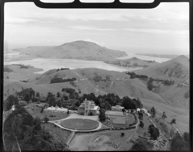 Aerial of Larnach Castle, and Otago Peninsula ( Whites Aviation Ltd, from Alexander Turnbull Library, Wellington, New Zealand)